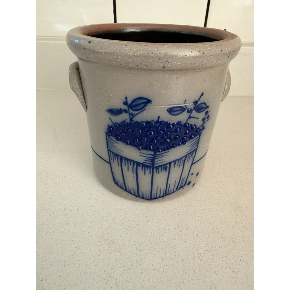 VINTAGE COBALT BLUE FLOWER TWO HANDLED STONEWARE SALT GLAZED CROCK JAR NH 1991